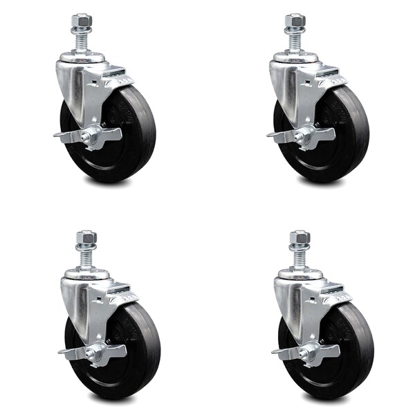 5 Inch Soft Rubber Wheel Swivel 12mm Threaded Stem Caster Set with Brake SCC